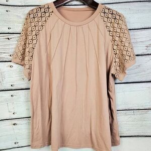 SHEIN Curve 4XL Taupe Blouse Crochet Sleeve Short Sleeve Soft Stretch Tee
